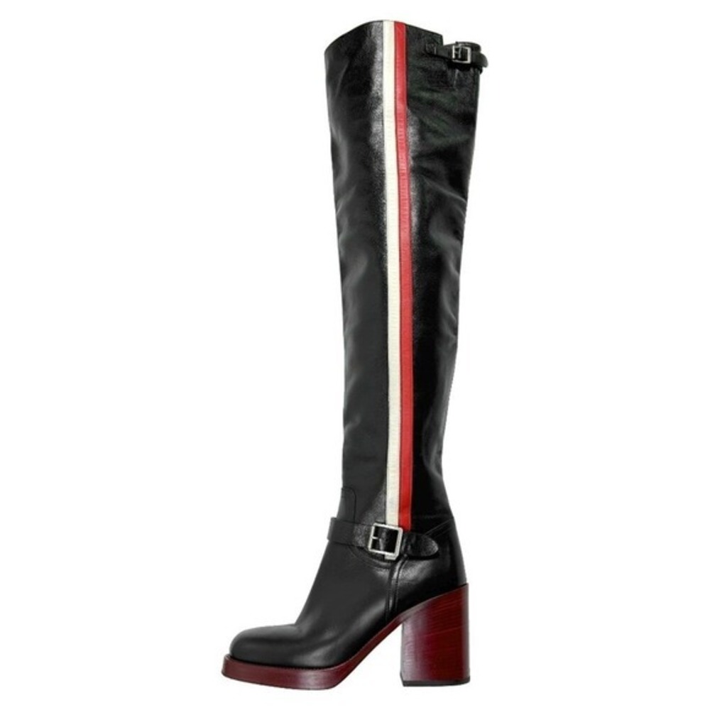 Dior Diorider Over Knee Boots 38 Black‎ Leather Thigh High Red Logo Runway
